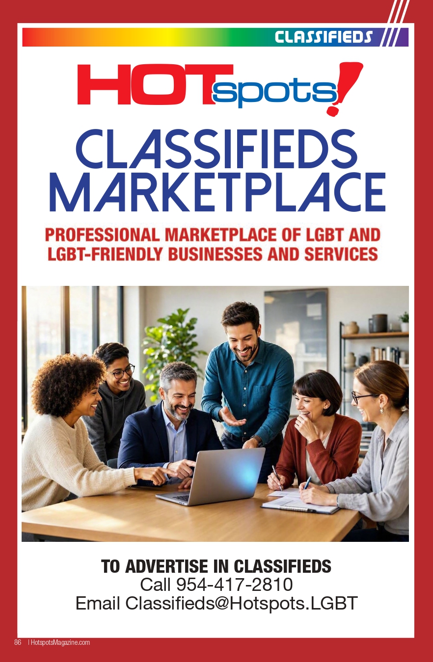 Advertisement for HOTspots Classifieds Marketplace featuring a diverse team at a laptop with contact info below.