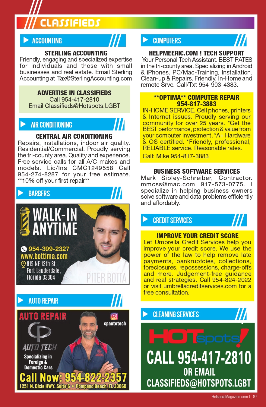 A colorful classified ad page with sections for Accounting, Computers, Air Conditioning, Bars, Auto Repair and service ads on a red border.