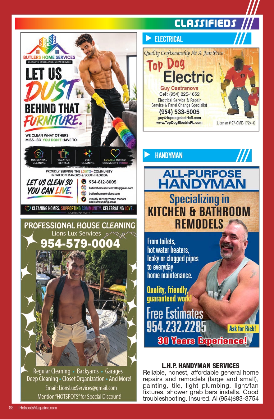 Classified ads page with bright banners for Electrical and Handyman, displaying several service ads (cleaning, handyman, etc.).