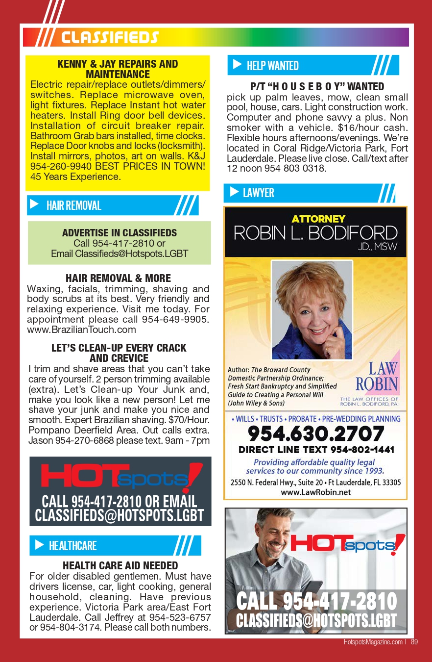 Classifieds page layout with colorful blocks advertising repairs, help wanted, lawyer services, healthcare, and various ads.