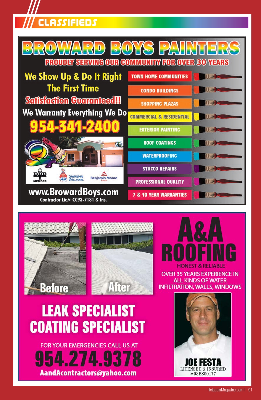 Advertisement for Broward Boys Painters with a colorful header, service list, phone number 954-341-2400, and logos on a dark panel layout.