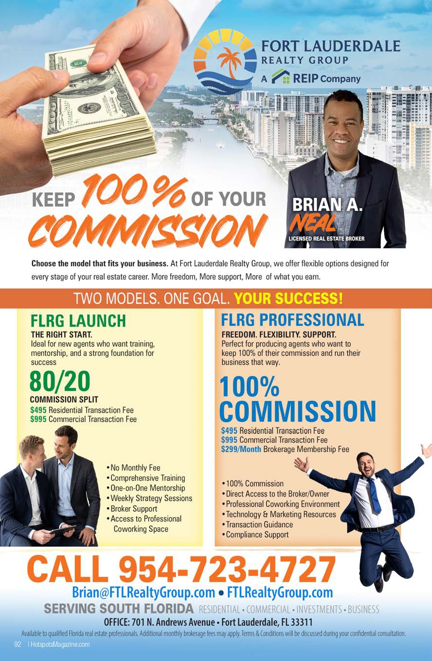 Advertisement for Fort Lauderdale Realty Group showing a hand handing over cash, the logo, a smiling agent, and two panels promoting 80/20 and 100% commission with contact details.