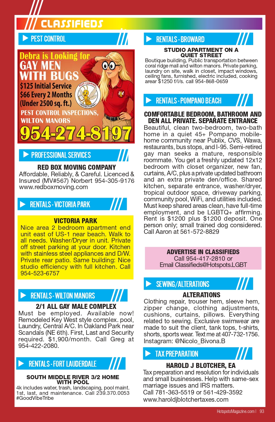 Colorful classified ads page with various blocks for pest control, rentals, and services around a red border, blue headers, and yellow highlights.