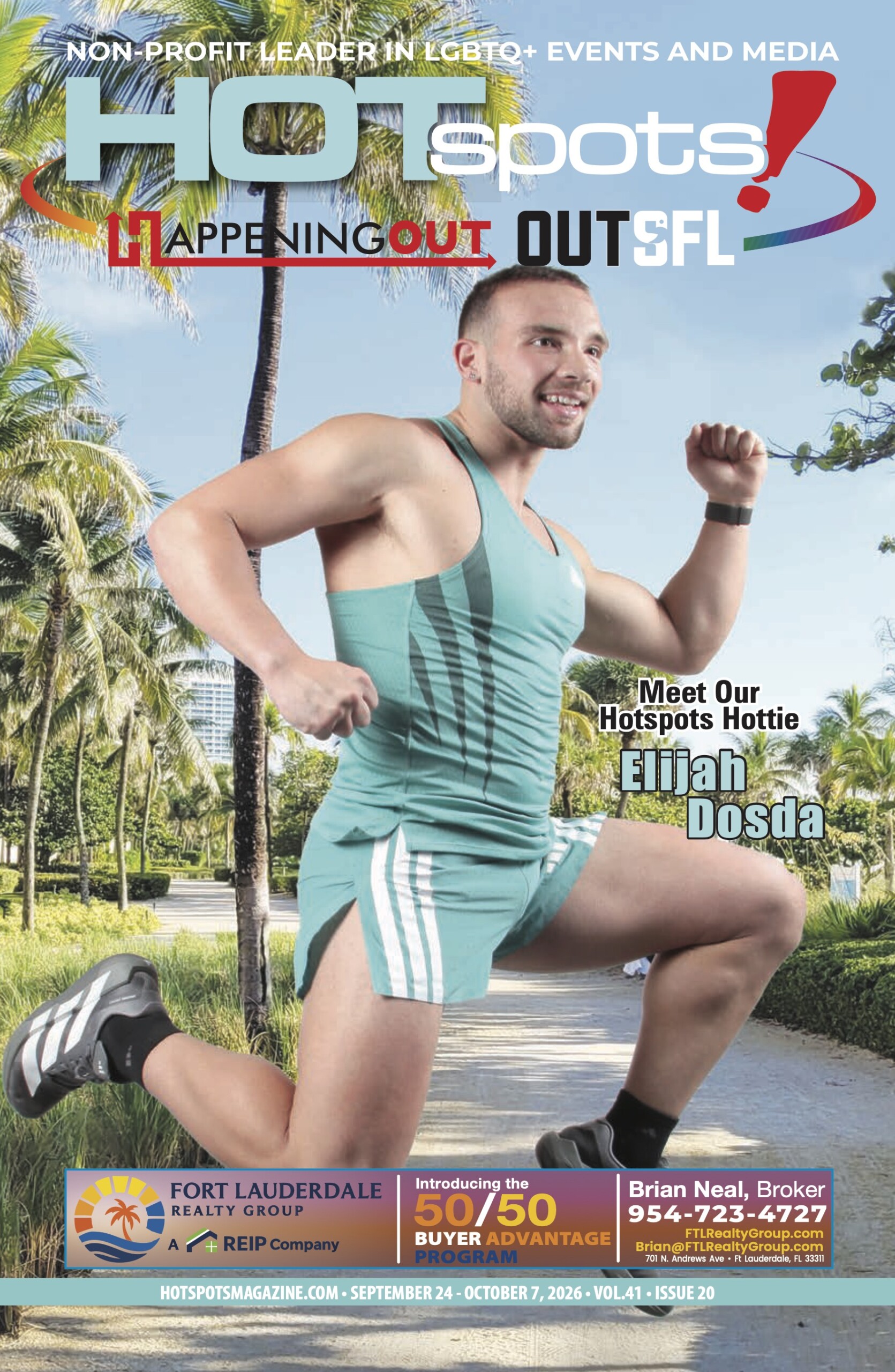 Magazine cover featuring a man in teal athletic wear running along a palm-lined path, with the title HOTspots and promotional text at the top and bottom banners.