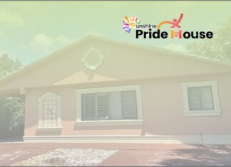 Non-profit Advocacy – Sunshine Pride House: Giving LGBTQ+ Young People More Than a Place to Sleep Small single-story house with light trim and a Pride House logo in the top-right corner.