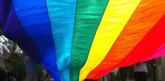 A large rainbow flag is being carried down a sunny street during a Pride event, with people visible along the sides.
