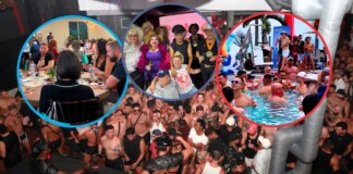 Crowded party scene with three insets: left shows people dining at a long table, center shows a group of drag performers posing together, right shows a pool party with people in the water and on a deck.