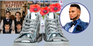 Collage showing metallic silver sneakers with red flowers in front, a 'Southern Baptist Sissies' theater poster on the left, and a circular portrait of a man in a blue suit on the right.
