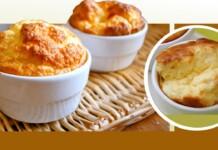 Two golden soufflés in white ramekins on a wicker mat, with a circular inset close-up.