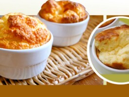 Two golden soufflés in white ramekins on a wicker mat, with a circular inset close-up.