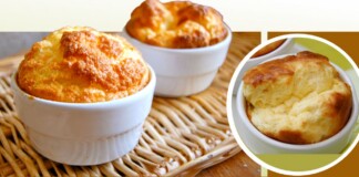 Serving Realness: Queer Cuisine With Attitude Two golden soufflés in white ramekins on a wicker mat, with a circular inset close-up.