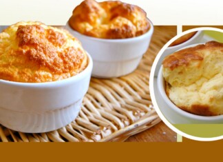 Serving Realness: Queer Cuisine With Attitude Two golden soufflés in white ramekins on a wicker mat, with a circular inset close-up.