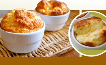 Serving Realness: Queer Cuisine With Attitude Two golden soufflés in white ramekins on a wicker mat, with a circular inset close-up.