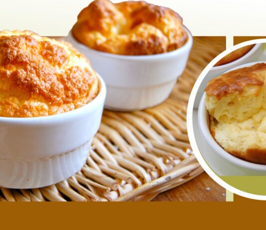 Two golden soufflés in white ramekins on a wicker mat, with a circular inset close-up.