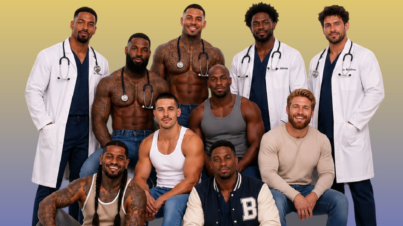 Diverse group of male doctors with stethoscopes posing with muscular models against a yellow-to-purple gradient background, smiling at the camera.