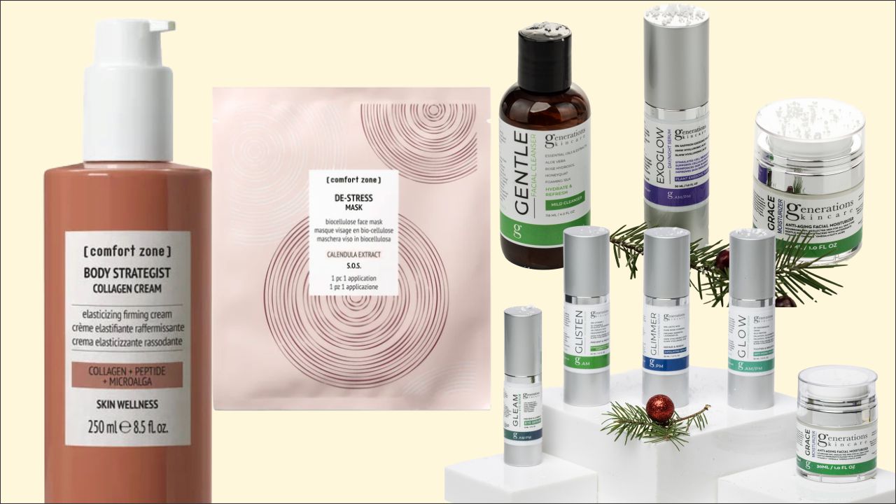 Assorted skincare products including a large bottle labeled Comfort Zone Body Strategist Collagen Cream and a pink facial mask among other serums and creams on a pale background.