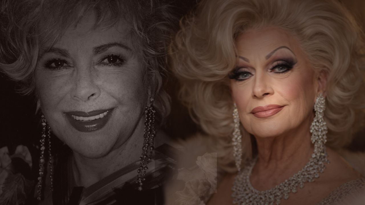 Two elegant older women with jewelry, shown in a split image—black-and-white left and color right.