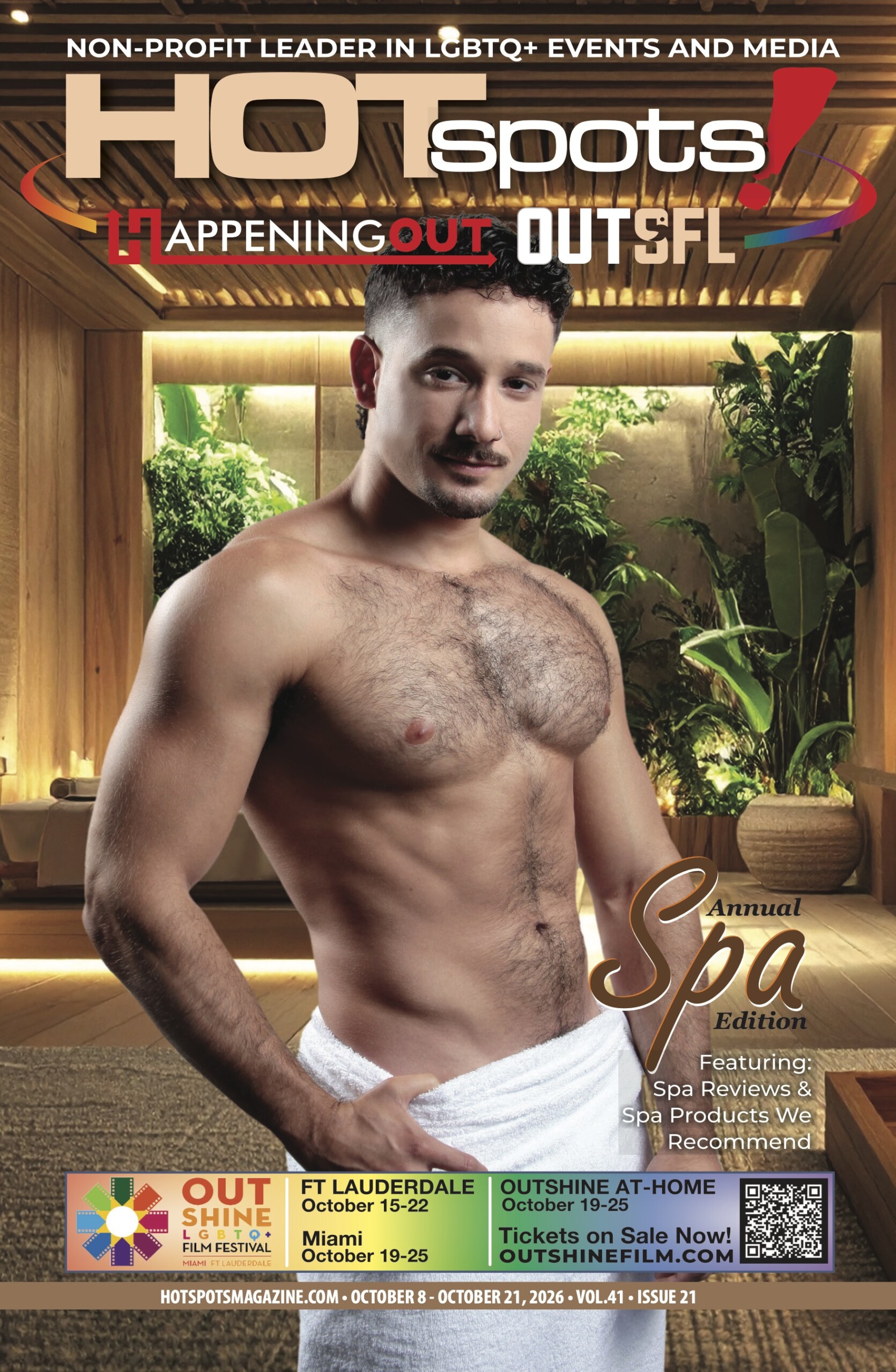 Promotional magazine cover: shirtless man in spa setting with 'HOTspots' and 'Annual Spa Edition' titles displayed