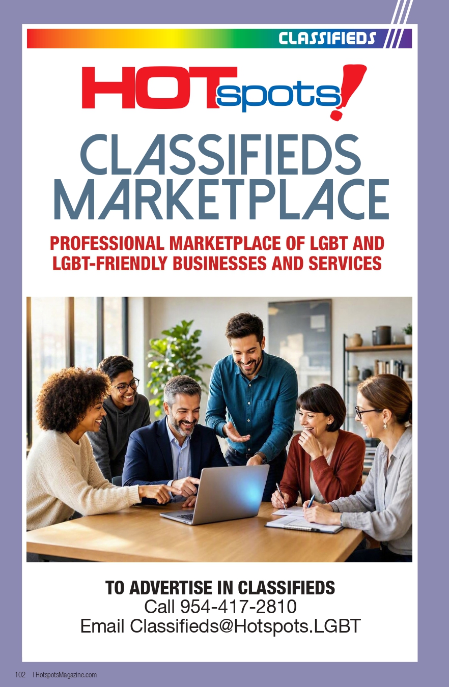 Poster ad for HOTspots Classifieds Marketplace showing a diverse team gathered around a laptop, with bold headline text and contact info: 'To Advertise in Classifieds', phone number, and email.