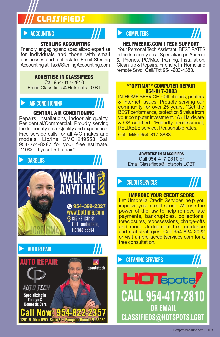 Colorful classifieds page layout with blue highlights, yellow ads, and a photo of a man in an auto repair ad at bottom left on a purple background.