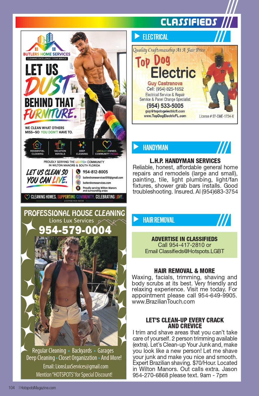 Classifieds page layout with left column featuring cleaning service ads and right column with electrical, handyman, and hair removal service listings on a colorful magazine spread.