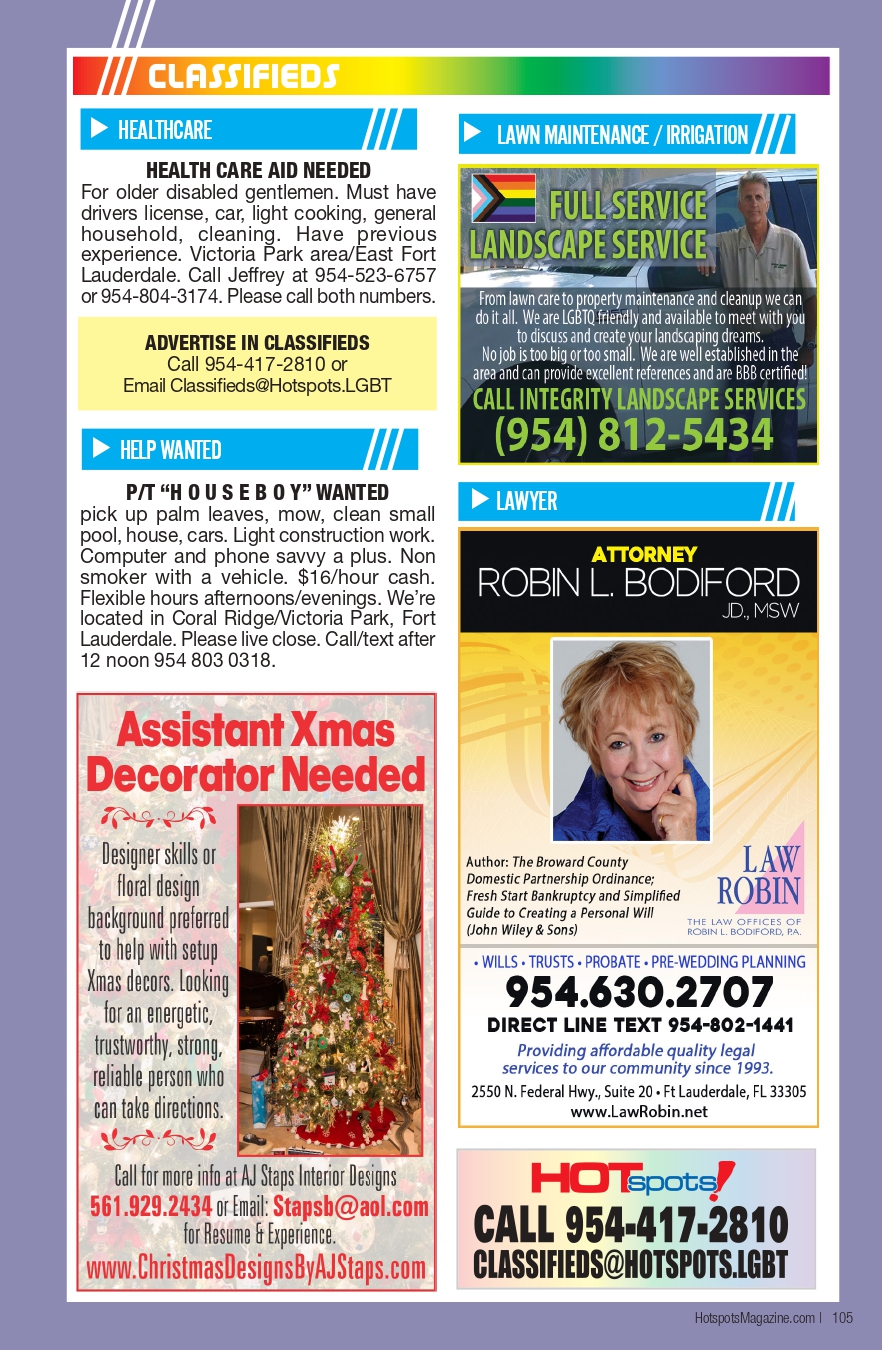 Classifieds page layout with blue section headers (Healthcare, Help Wanted, Lawn Maintenance) and multiple ads including landscape service, attorney Robin Bodiford, Christmas decor assistance, and a Hotspots contact box on a purple background.