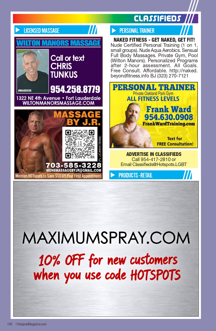 Classifieds page from Hotspots Magazine with colorful ad blocks: massage ads on the left (Wilton Manors Massage and Massage by J.R.), two personal trainer ads on the right (Naked Fitness and Frank Ward), and a large bottom banner for MAXIMUMSPRAY with a 10% off offer.