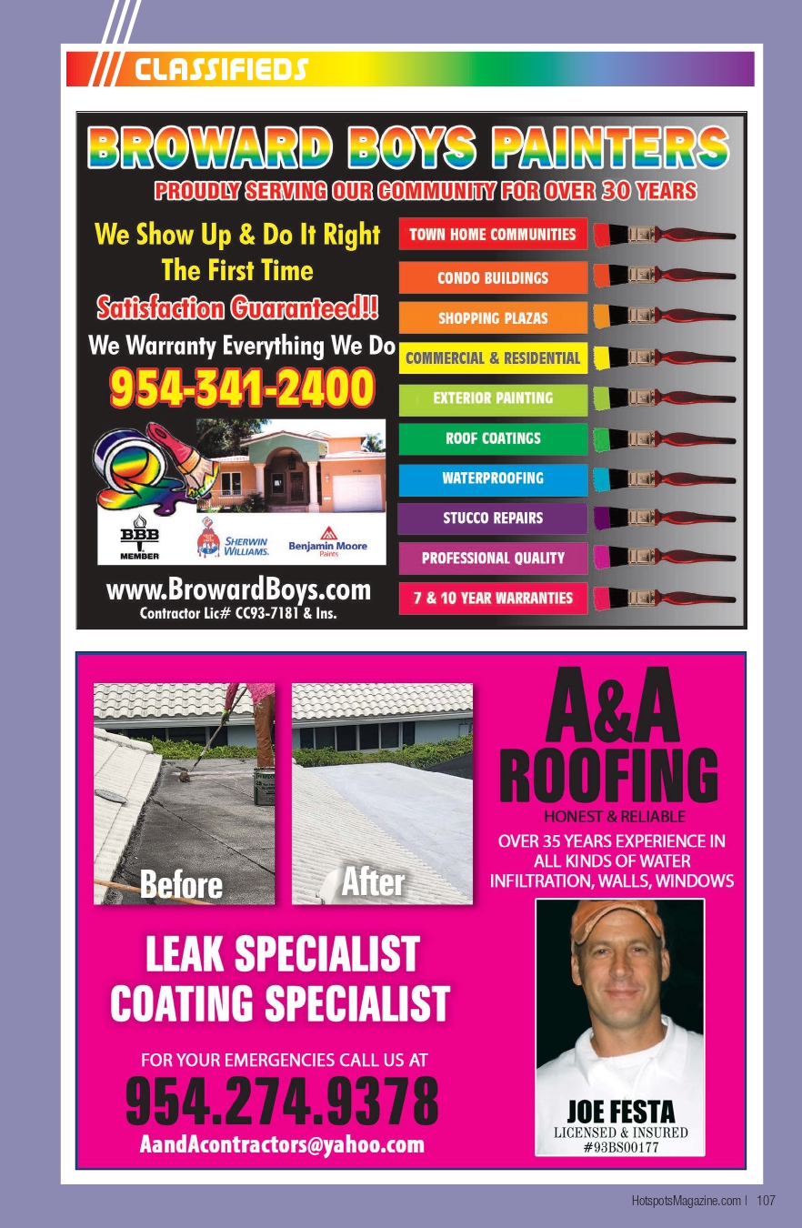 Ad page showing two banners: top Broward Boys Painters with rainbow title and colored service tabs plus contact info; bottom A&A Roofing with Before/After roof photos, bold 'Leak Specialist Coating Specialist' text, contact number 954-274-9378, and a portrait of Joe Festa.