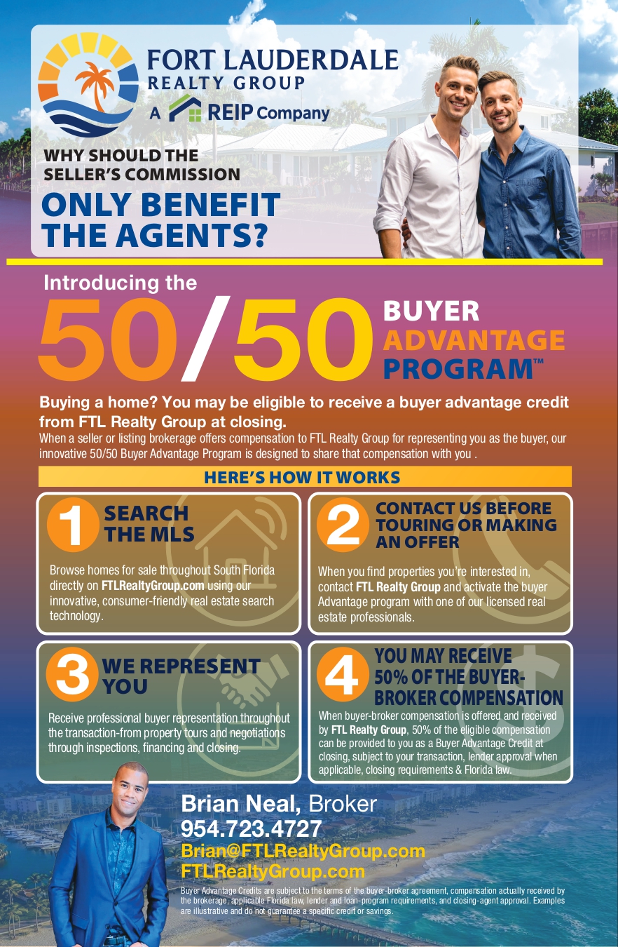 Promotional poster for Fort Lauderdale Realty Group about a 50/50 Buyer Advantage Program, featuring two agents and the program steps 1–4.