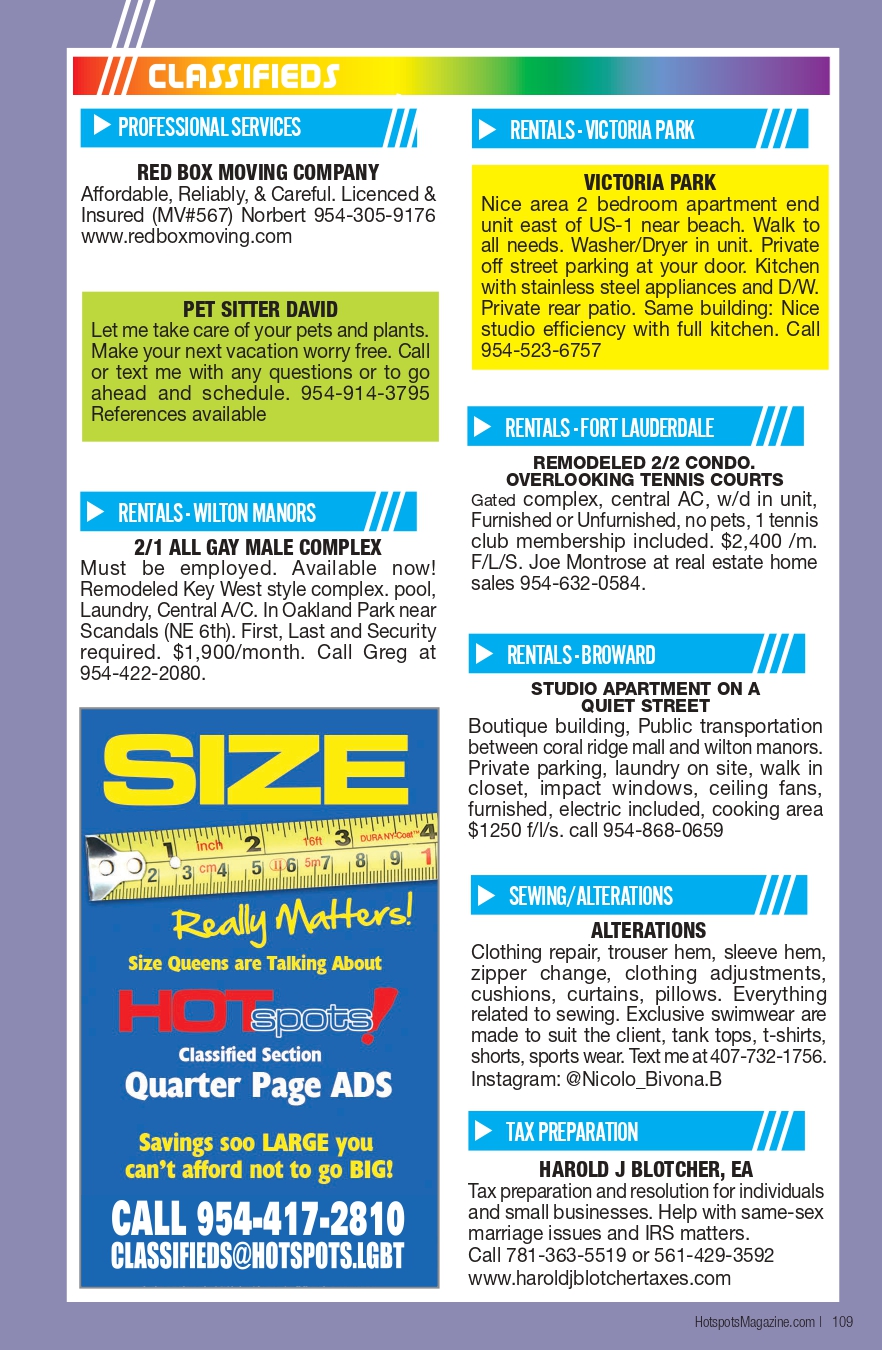 Classifieds page header with colored banners and multiple listings with ads for moving, rentals, and services