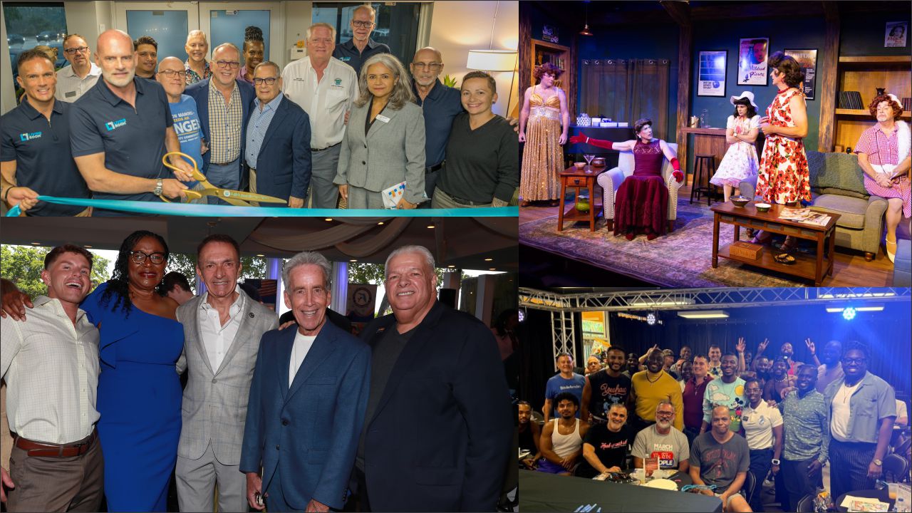 Collage of four events: ribbon-cutting with executives, a staged theatre scene, a reception group photo, and a crowd at a party.