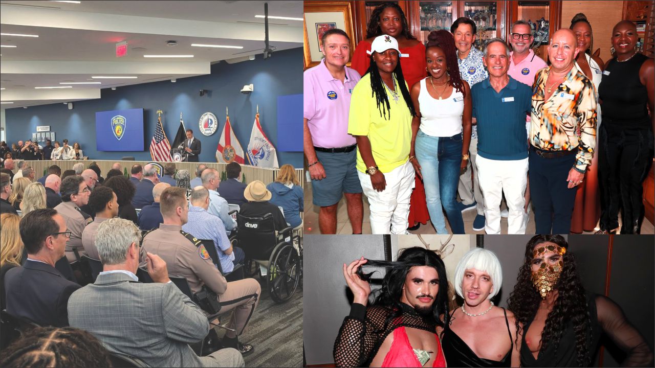 Collage of an indoor policy meeting with attendees, flags, and a speaker at a podium on the left; a group photo of diverse adults at an event on the top right; and three drag performers posing together on the bottom right.