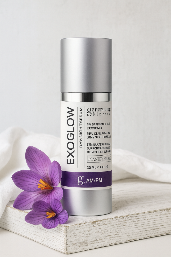 Front view of a skincare serum bottle labeled 'EXOGLOW' on a whitewashed wooden tray, with purple crocus flowers beside it for a spa-like scene.