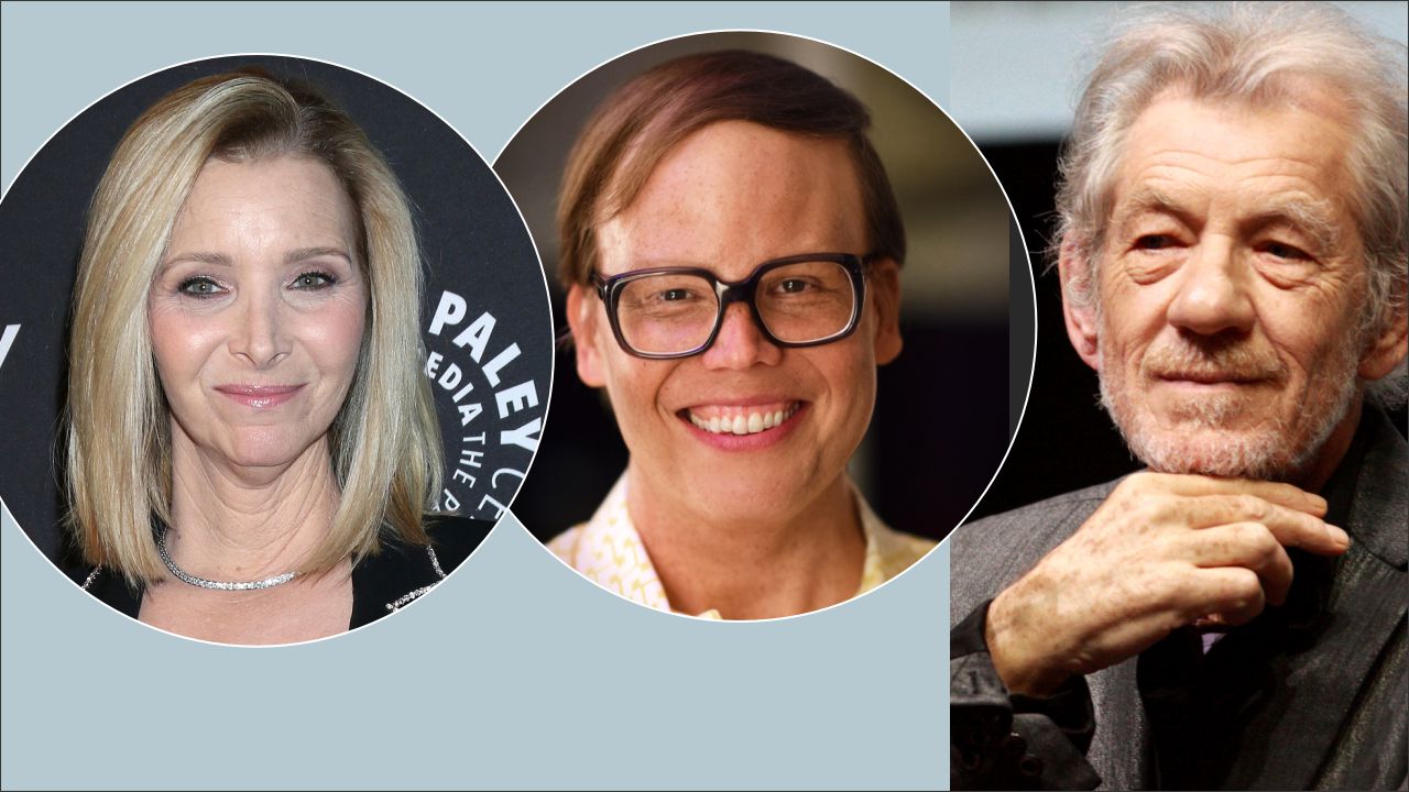 Three overlapping circular headshots on a pale blue background: left blonde woman, center woman with glasses, right older man.